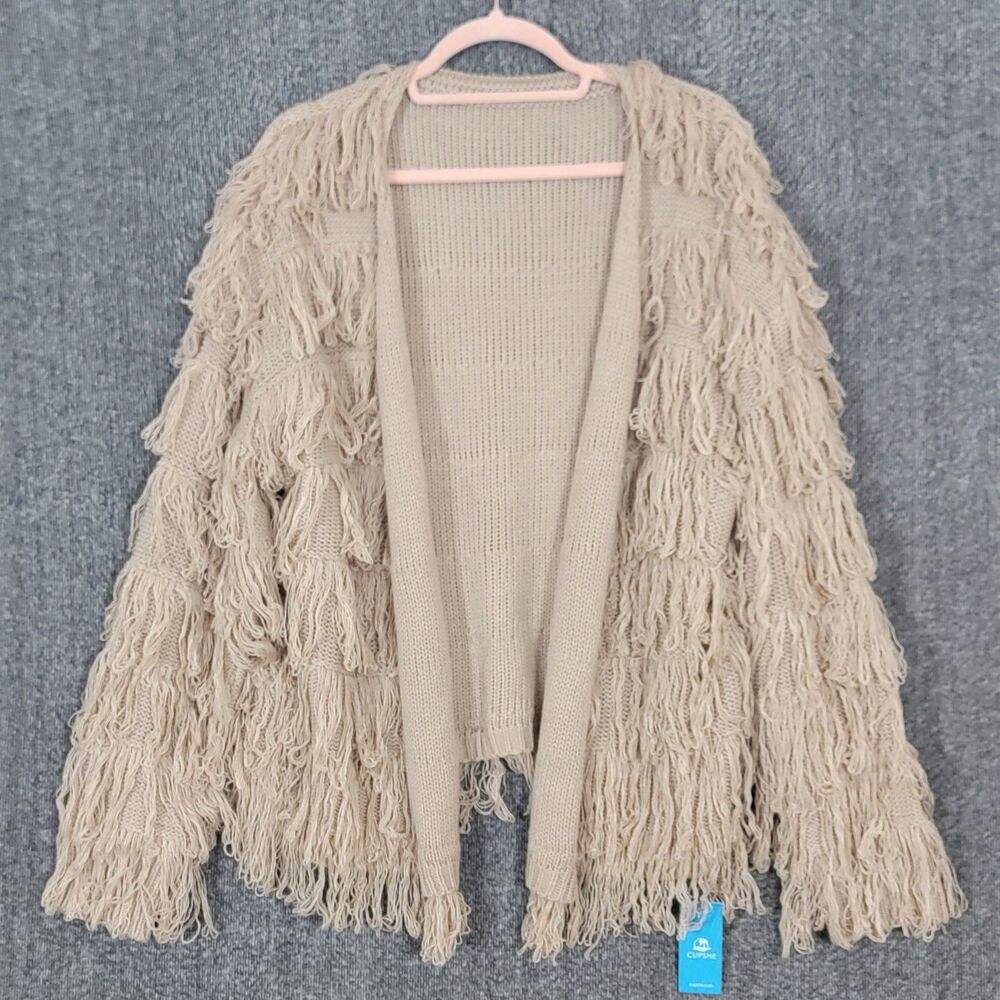Cupshe Cardigan Sweater Womens Large Tan Open Front Fringed Shaggy Boho Knit